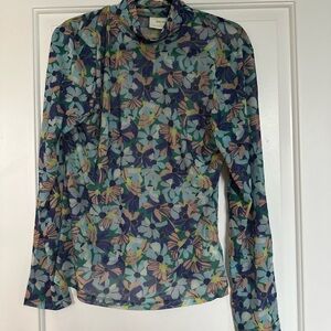 Maeve Navy Multi Floral Long-Sleeve Mock Neck Top